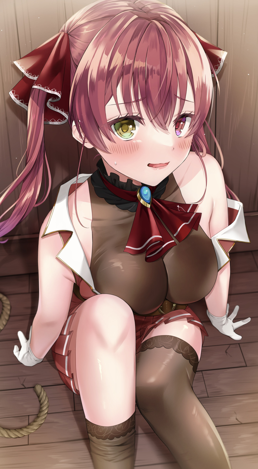 1girl absurdres ascot black_choker black_thighhighs blush breasts choker cleavage cropped_jacket frilled_choker frills gloves hair_ribbon heterochromia highres hololive houshou_marine houshou_marine_(1st_costume) jacket large_breasts leotard leotard_under_clothes long_hair looking_at_viewer loose_thighhigh miniskirt miroku_yy open_mouth pleated_skirt red_ascot red_eyes red_hair red_jacket red_ribbon red_skirt ribbon robe skirt sleeveless sleeveless_jacket smile solo thighhighs twintails virtual_youtuber white_gloves yellow_eyes