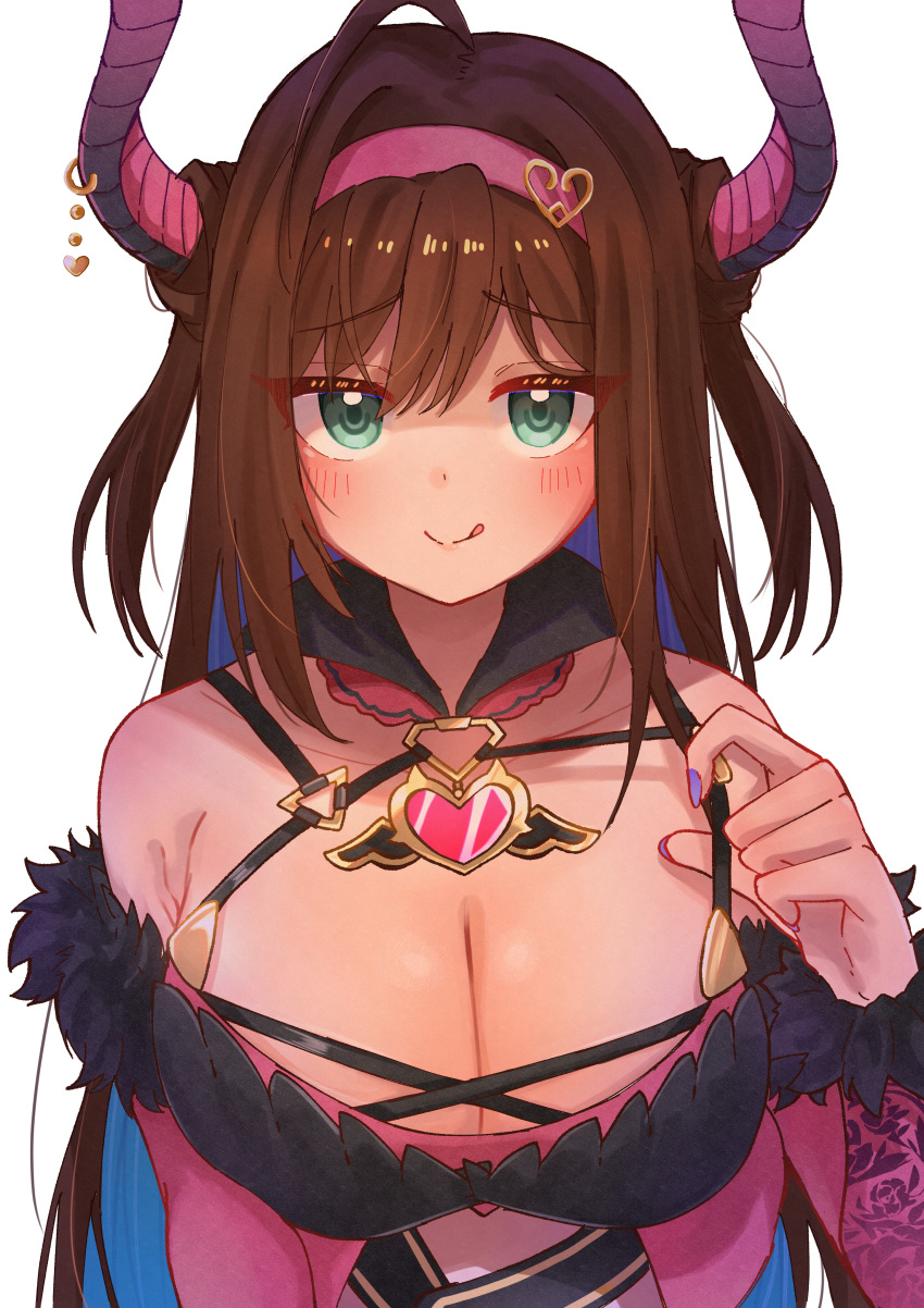 1girl :q absurdres ahoge armpit_crease assault_lily bare_shoulders bikini black_bikini blue_hair blush breasts brown_hair cleavage closed_mouth colored_inner_hair commentary cross-laced_bikini cross-laced_clothes demon_costume demon_horns detached_collar detached_sleeves fake_horns fingernails floral_print fur-trimmed_sleeves fur_trim green_eyes hair_between_eyes hair_ornament hairband halloween_costume hand_up heart heart_hair heart_pendant highres horns ishizuka_fujino large_breasts lifted_by_self long_hair long_sleeves looking_at_viewer multicolored_hair nail_polish official_alternate_costume pink_hairband print_sleeves purple_nails raised_eyebrows simple_background smile solo strap_lift swimsuit tongue tongue_out two-tone_hair upper_body very_long_hair white_background yozakurayuyu
