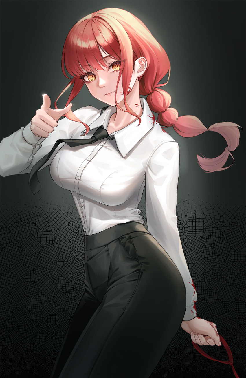 1girl absurdres black_necktie black_pants blood blood_on_clothes braid chainsaw_man collared_shirt commentary hear_(kpmf4732) highres long_hair long_sleeves looking_at_viewer makima_(chainsaw_man) necktie pants pointing pointing_at_viewer red_hair ringed_eyes shirt single_braid slacks standing white_shirt yellow_eyes