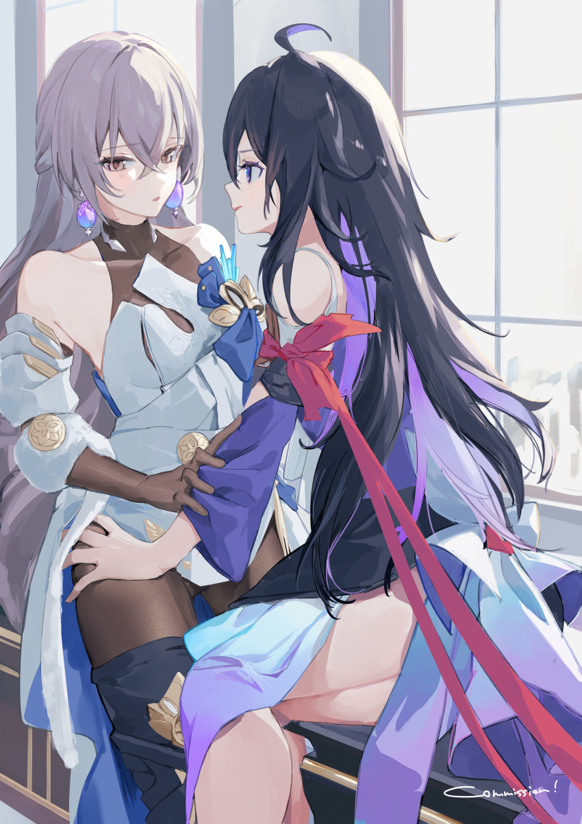 2girls absurdres ahoge arm_scarf bare_shoulders black_gloves black_hair black_pantyhose blush boots breasts bronya_rand brown_gloves closed_mouth dress earrings gloves grey_eyes grey_hair hair_between_eyes highres honkai:_star_rail honkai_(series) indoors jewelry long_hair multiple_girls pantyhose purple_eyes roena seele_(honkai:_star_rail) silver_collar sitting thigh_boots white_dress window yokozuwari