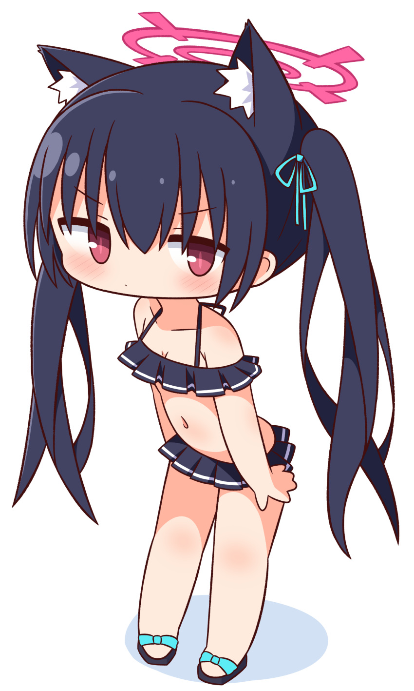 1girl absurdres animal_ear_fluff animal_ears bare_shoulders bikini black_footwear black_hair blue_archive blue_ribbon blush breasts chibi cleavage closed_mouth collarbone commentary_request frilled_bikini frills full_body hair_between_eyes hair_ribbon halo hana_kazari highres long_hair looking_at_viewer navel off-shoulder_bikini off_shoulder red_eyes ribbon sandals serika_(blue_archive) serika_(swimsuit)_(blue_archive) shadow simple_background small_breasts solo standing swimsuit twintails v-shaped_eyebrows very_long_hair white_background