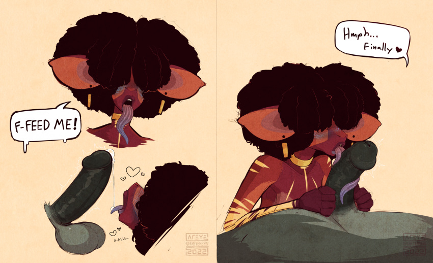 &lt;3 2022 afro anthro areye_(artist) areye_(fursona) artist_name balls big_ears big_hair big_penis black_penis blue_blush blue_tongue blush bodily_fluids brown_background brown_body brown_fur choker clothed clothing comic cum dialogue disembodied_penis duo ear_piercing ear_ring emanata english_text erection fellatio female fur genital_fluids genitals giraffid goon_(goonie_san) gradient_tongue grey_body grey_fur hair hair_over_eyes hand_on_penis hi_res humanoid_genitalia humanoid_penis inviting jewelry licking lips long_tongue lying male male/female mammal markings necklace okapi on_back open_mouth oral oral_invitation penile penis penis_lick piercing red_tongue ring_piercing sex simple_background speech_bubble striped_markings stripes teeth text thick_lips tongue tongue_around_penis tongue_out tongue_wrapped_around_penis topless urethra watermark