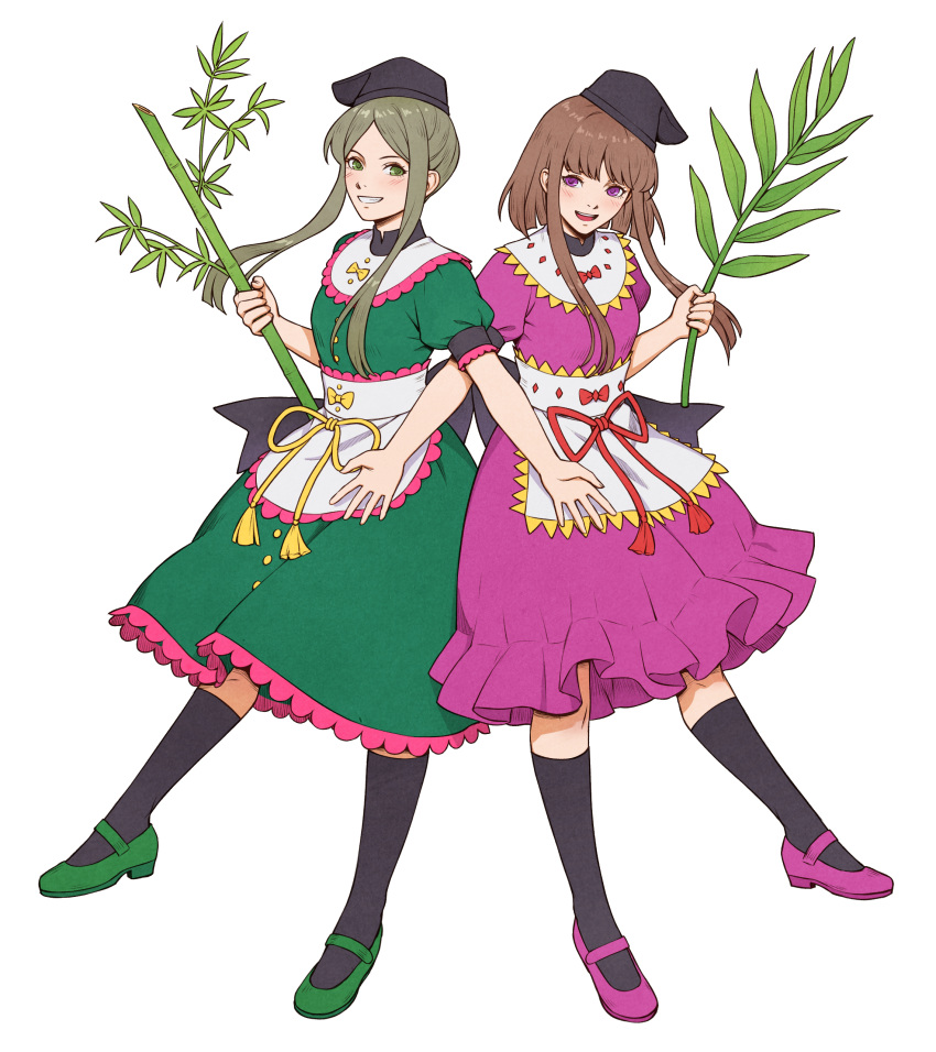 2girls :d absurdres apron bamboo black_headwear black_socks brown_hair commentary dress green_dress green_eyes green_footwear green_hair grin hat highres holding holding_plant kneehighs looking_at_viewer mary_janes multiple_girls myouga_(plant) nishida_satono open_mouth pink_dress pink_eyes pink_footwear plant puffy_short_sleeves puffy_sleeves shoes short_hair_with_long_locks short_sleeves simple_background smile socks tate_eboshi teireida_mai touhou waist_apron white_apron white_background winterleigh_art