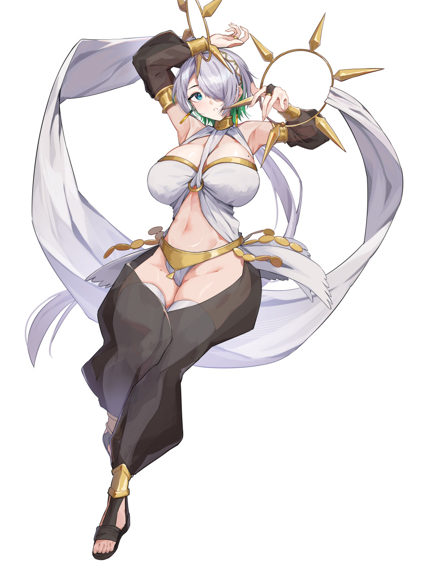 1girl absurdres anklet armlet armpits arms_up bare_shoulders blue_eyes bracelet breasts brid_(nikke) bridal_gauntlets cleavage commission cosplay dancer detached_sleeves earrings english_commentary fire_emblem fire_emblem_awakening full_body goddess_of_victory:_nikke gold_collar green_hair grey_hair groin hair_between_eyes hair_over_one_eye hairband harem_outfit harem_pants highres jewelry large_breasts long_hair looking_at_viewer low_ponytail mole mole_on_breast multicolored_hair navel noor7 olivia_(fire_emblem) olivia_(fire_emblem)_(cosplay) pants parted_lips sandals second-party_source see-through sidelocks simple_background skindentation solo standing standing_on_one_leg stomach thighhighs two-tone_hair white_background white_hairband white_thighhighs