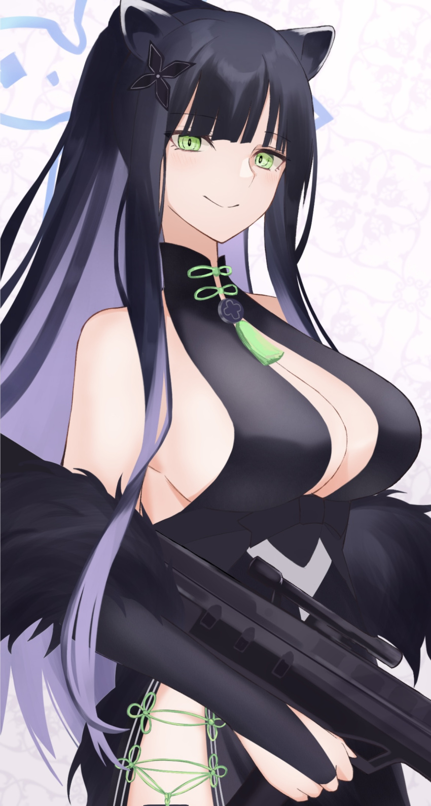 1girl animal_ears black_dress blue_archive breasts chinese_clothes closed_mouth detached_sleeves dress green_eyes gun halo highres large_breasts long_hair looking_at_viewer shun_(blue_archive) sleeveless sleeveless_dress smile solo weapon yun_(kbdenz9)
