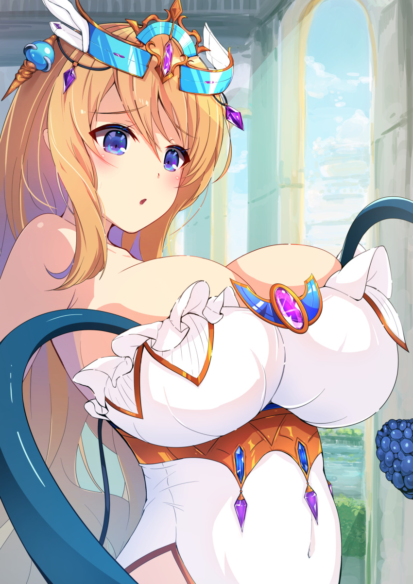 1girl aphrodite_(kamihime_project) bare_shoulders blonde_hair blue_eyes blush breasts brooch cleavage covered_navel dot_nose eari frills hair_between_eyes highres huge_breasts indoors jewelry kamihime_project long_hair looking_ahead open_mouth parted_lips solo tentacles tiara upper_body