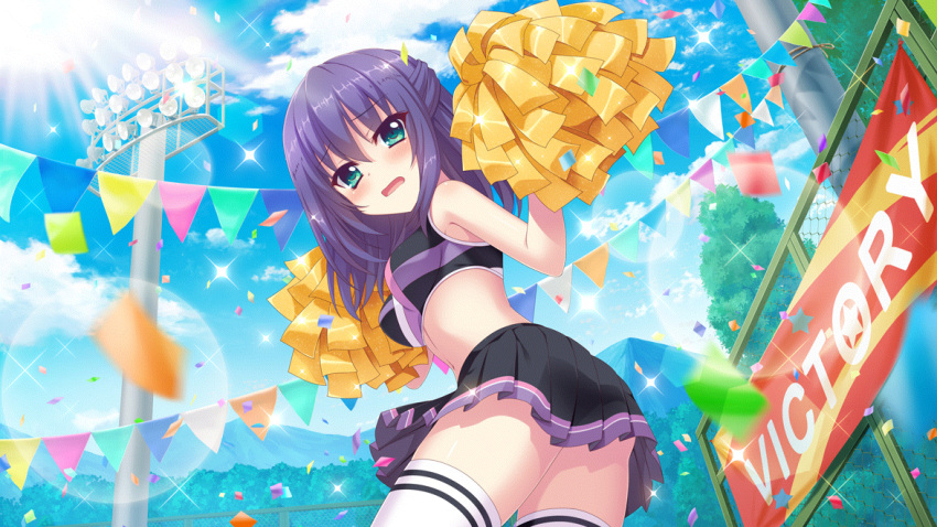 1girl aqua_eyes ass banner bare_shoulders black_skirt blue_hair blue_sky blurry blurry_foreground blush breasts cheerleader confetti day dot_nose embarrassed film_grain from_below game_cg honjou_kasumi izumi_tsubasu lens_flare looking_at_viewer looking_back medium_breasts medium_hair midriff miniskirt mountainous_horizon navel non-circular_lens_flare non-web_source official_art open_mouth outdoors pole pom_pom_(cheerleading) re:stage! skirt sky solo sparkle stadium_lights string_of_flags sun sunlight thighhighs thighs tree white_thighhighs zettai_ryouiki