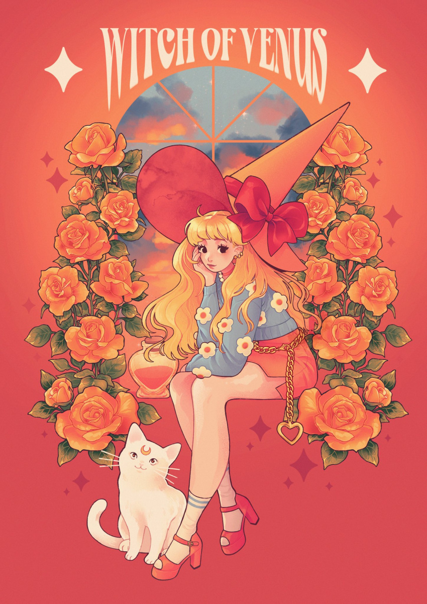 1girl aino_minako artemis_(sailor_moon) bishoujo_senshi_sailor_moon blonde_hair blue_sweater bottle bow cat chain cloud cloudy_sky commentary english_commentary flower full_body hand_on_own_chin hat hat_bow hat_ribbon high_heels highres lanajay_art looking_at_viewer love_potion miniskirt red_bow red_flower red_footwear red_headwear red_ribbon red_rose red_skirt red_theme ribbon rose sitting skirt sky socks star_(sky) starry_sky sweater white_cat white_socks window witch witch_hat