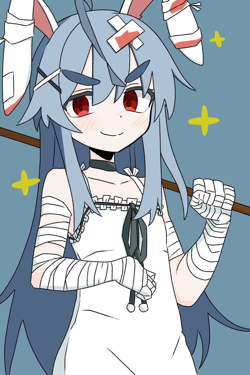 1girl absurdres ahoge animal_ears bandaged_arm bandages black_choker black_ribbon blood blood_stain blue_hair choker dress hair_between_eyes hair_ornament highres indie_virtual_youtuber light_blue_background light_blue_hair long_hair looking_at_viewer lop_rabbit_ears noiriririri para_(vtuber) pom_pom_(clothes) rabbit_ears rabbit_girl red_eyes ribbon smile spaghetti_strap star_(symbol) sundress tareme thick_eyebrows upper_body very_long_hair virtual_youtuber white_dress x_hair_ornament