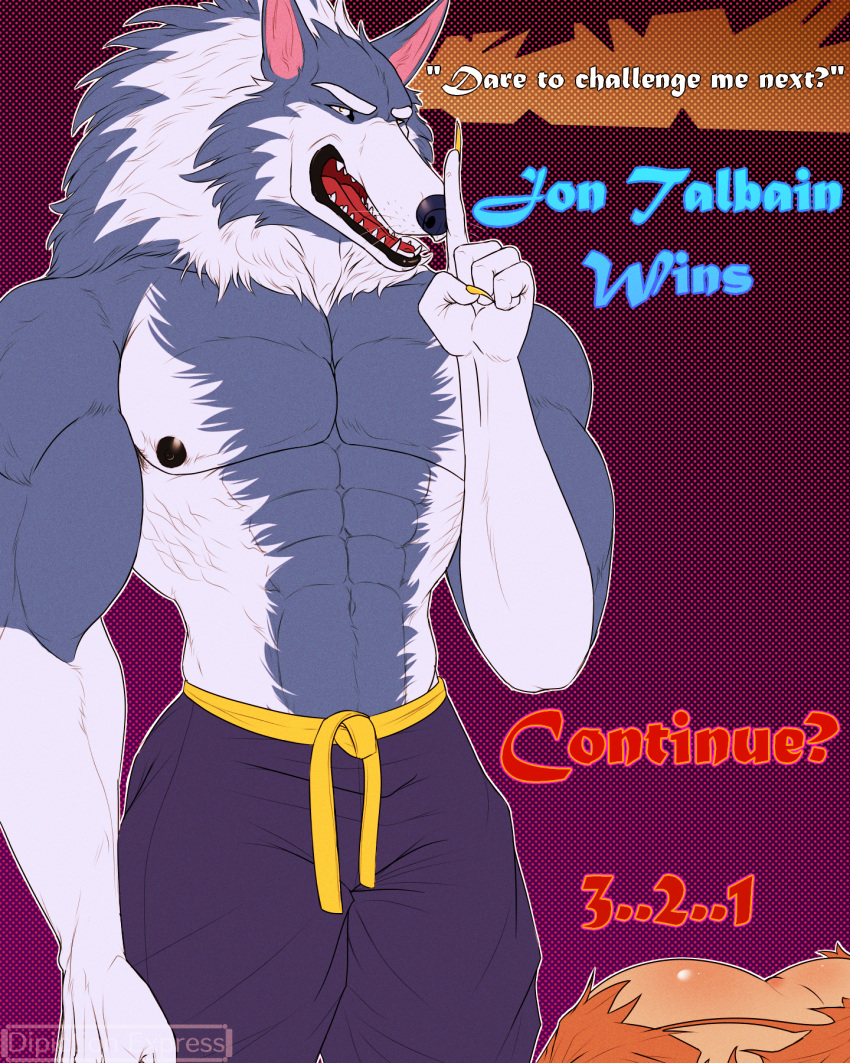 90s_decade abs anthro arcade armpit_hair barazoku black_gums black_nipples blue_body blue_fur body_hair bottomwear butt canid canine canis capcom claws clothing darkstalkers defeated depictionexpress dialogue duo english_text finger_on_lip fur gradient_background gradient_text hi_res human jon_talbain karate_belt karate_outfit looking_at_viewer male male/male mammal muscular muscular_anthro muscular_male nipples pants pants_only pattern_background pink_body pink_fur presenting presenting_hindquarters sharp_claws shirtless_male simple_background talking_to_viewer text torn_bottomwear torn_clothing torn_pants video_game_reference were werecanid werecanine werewolf whiskers white_body white_fur wolf