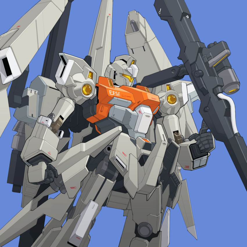 arm_at_side assault_visor beam_cannon blue_background bmwsb0 clenched_hand cowboy_shot earth_federation_space_forces feet_out_of_frame gun gundam gundam_unicorn highres holding holding_gun holding_weapon machinery mecha mobile_suit no_humans rezel_type-c rezel_type-c_(defenser_b-unit) robot science_fiction simple_background solo standing thrusters weapon