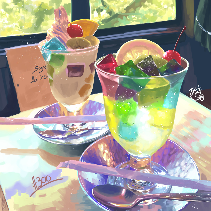 absurdres cup food food_focus gelatin highres jelly_punch no_humans numbered original plate reflection shadow spoon still_life takisou_sou whipped_cream