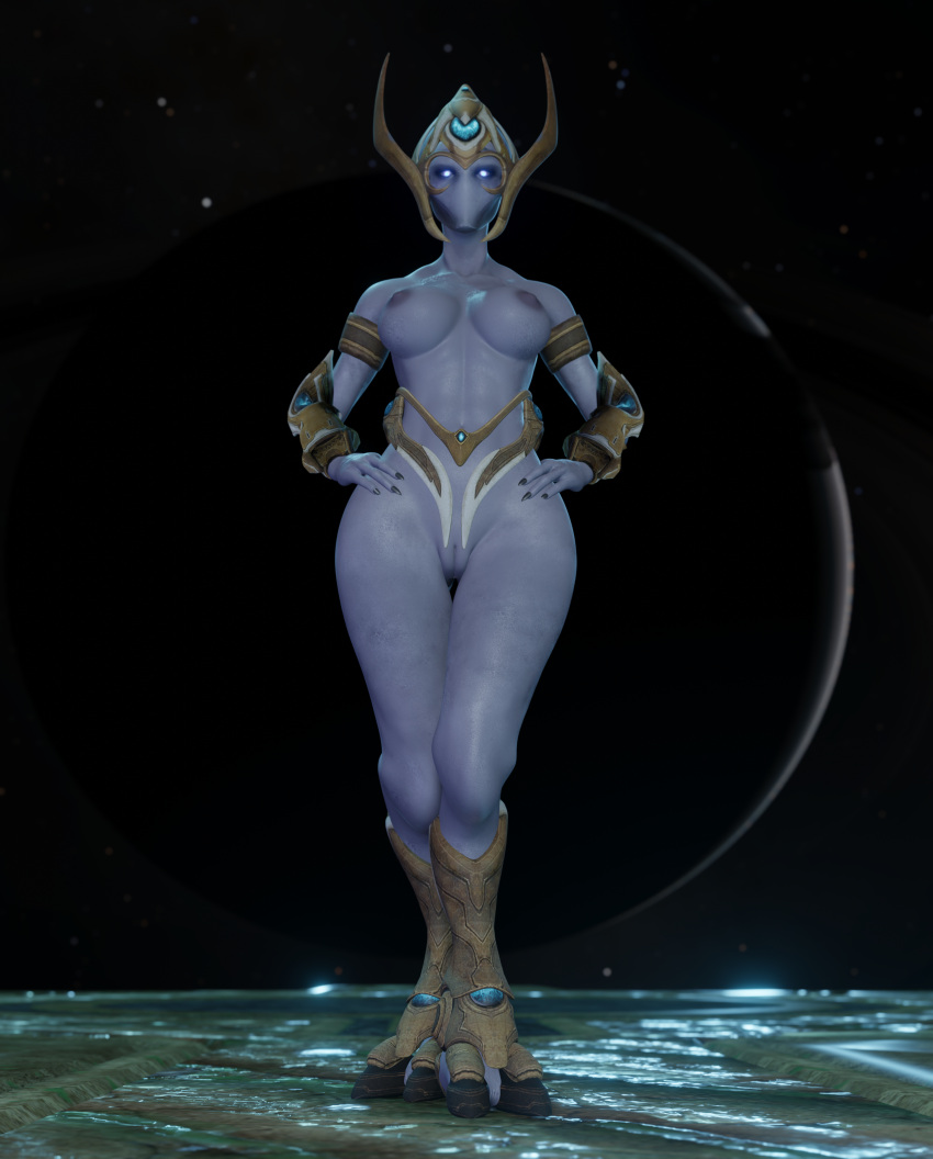 3d_(artwork) absurd_res alien alien_humanoid armor blizzard_entertainment blue_body blue_eyes blue_skin boots breasts clothing cosmic_background digital_media_(artwork) digitigrade fecharis female footwear gauntlets genitals gloves hands_on_hips handwear headgear helmet hi_res humanoid looking_at_viewer lorded mostly_nude mouthless nipples noseless protoss pussy selendis_(starcraft) solo space standing starcraft starry_background wide_hips