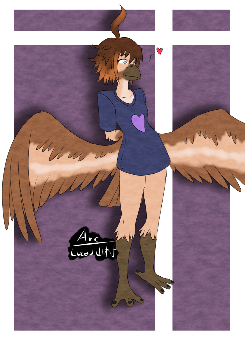 anthro arc_rose arms_behind avian beak blind bottomless clothed clothing digital_drawing_(artwork) digital_media_(artwork) female hi_res shirt shirt_only simple_background talons topwear topwear_only wings