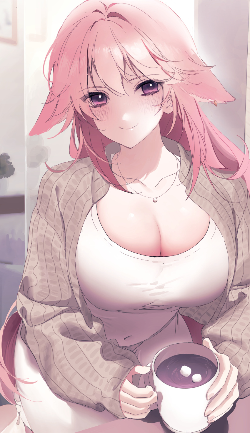 1girl absurdres alternate_costume animal_ears black_panties blush breasts brown_cardigan cardigan cleavage collarbone covered_navel cup dress extra_ears floppy_ears food fox_ears genshin_impact highres hot_chocolate large_breasts long_sleeves looking_at_viewer marshmallow mug myao_(o3o333) navel panties pink_eyes see-through see-through_dress smile solo underwear white_dress yae_miko