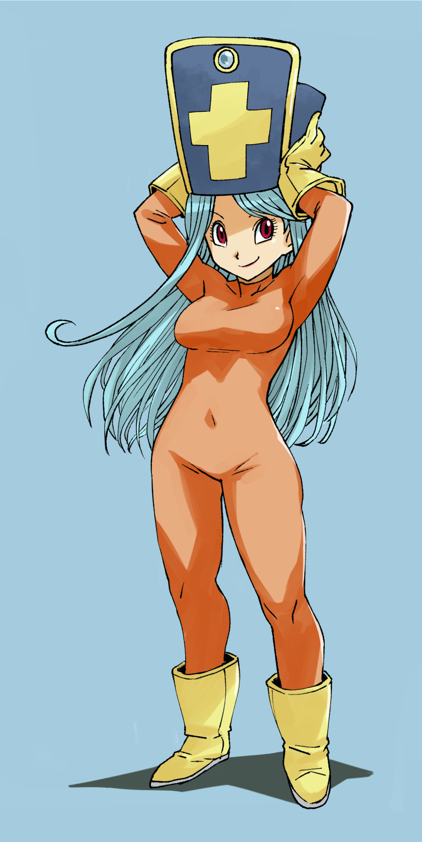 1girl absurdres aqua_hair bodysuit boots breasts closed_mouth cross dragon_quest dragon_quest_iii full_body gloves hat highres long_hair looking_at_viewer muramasa_mikado orange_bodysuit priest_(dq3) red_eyes simple_background skin_tight smile yellow_footwear