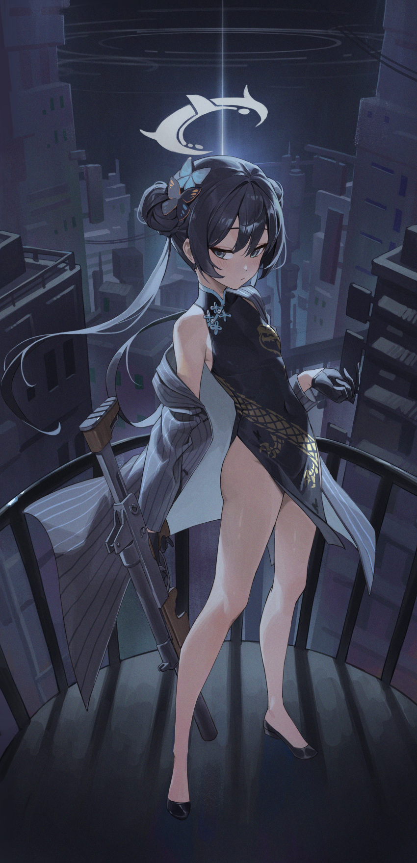 1girl absurdres bare_shoulders black_dress black_gloves black_hair blue_archive blush braid braided_bun breasts butterfly_hair_ornament china_dress chinese_clothes coat double_bun dragon_print dress full_body gloves grey_coat grey_eyes gun hair_bun hair_ornament half_gloves halo highres kisaki_(blue_archive) long_hair long_sleeves looking_at_viewer netural off_shoulder pelvic_curtain pinstripe_pattern print_dress short_dress side_slit sleeveless sleeveless_dress small_breasts solo striped twintails vertical-striped_coat weapon