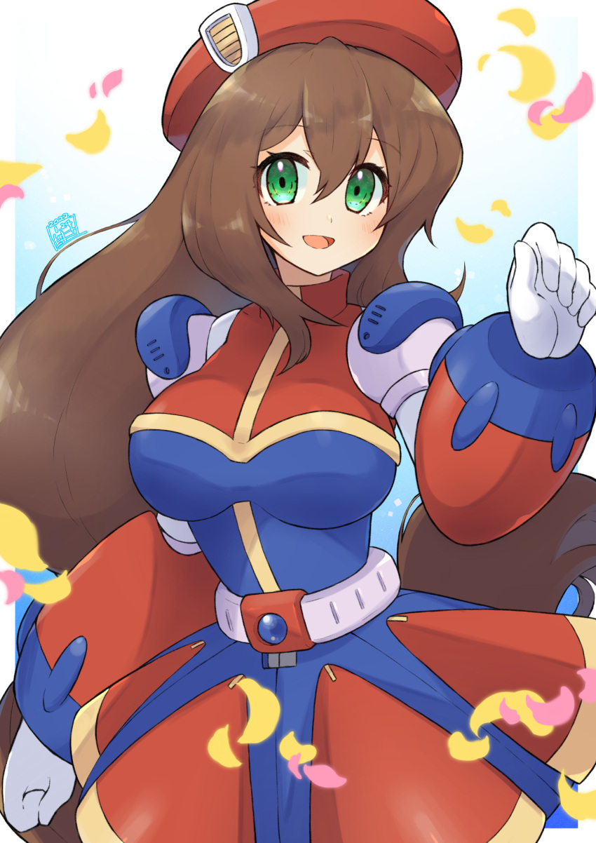 1girl blush breasts brown_hair green_eyes highres iris_(mega_man) large_breasts long_hair looking_at_viewer mega_man_(series) mega_man_x_(series) open_mouth robot_girl smile solo tobitori