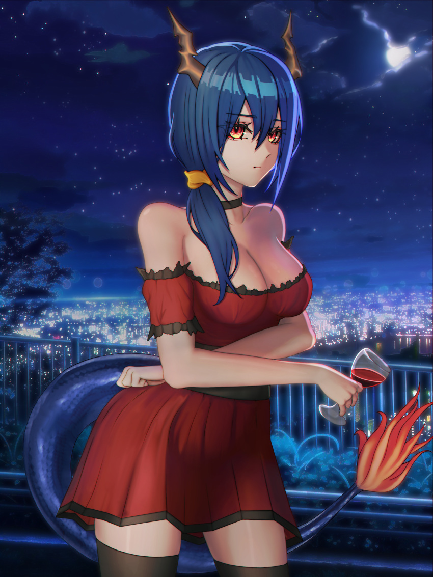 1girl absurd_fox absurdres alternate_costume arknights blue_hair breasts ch'en_(arknights) cleavage cup dragon_girl dragon_horns dragon_tail dress drinking_glass highres horns looking_at_viewer moon night night_sky red_dress red_eyes scrunchie side_ponytail sky solo standing tail thighhighs wine_glass