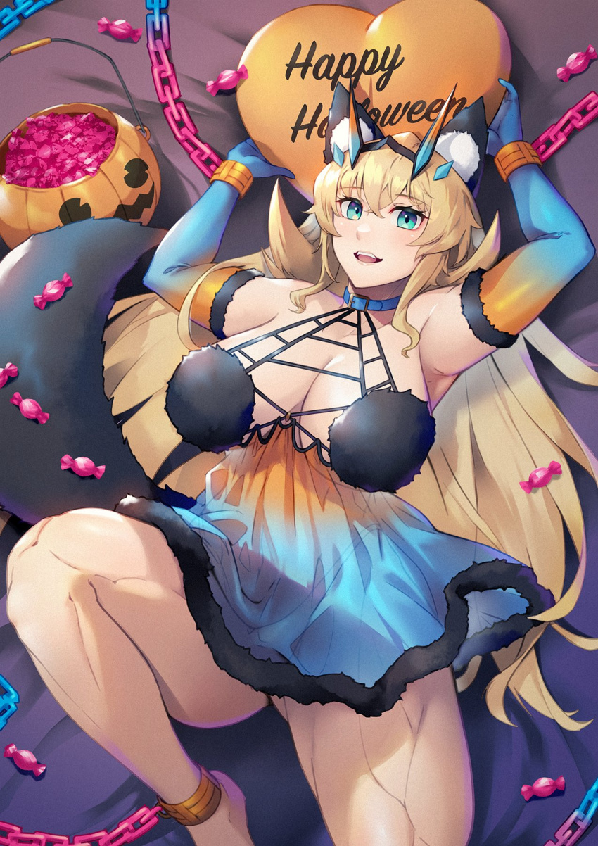1girl animal_ears arms_up bare_shoulders barghest_(fate) biceps blonde_hair blue_camisole blue_gloves breasts camisole candy chain cleavage cuffs elbow_gloves fate/grand_order fate_(series) food gloves gradient_clothes green_eyes halloween halloween_bucket highres jack-o'-lantern large_breasts long_hair looking_at_viewer muscular muscular_female nakaga_eri open_mouth orange_camisole orange_gloves shackles smile solo tail thick_thighs thighs wolf_ears wolf_tail