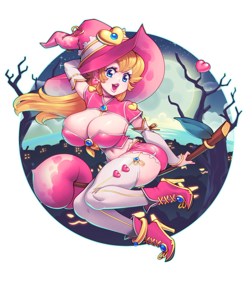 1girl bare_tree boots breasts broom broom_riding detached_sleeves frilled_skirt frills full_moon halloween hat heart high_heel_boots high_heels highres huge_breasts long_sleeves mario_(series) midriff miniskirt moon navel night night_sky open_mouth pink_footwear pink_headwear pink_lips pink_skirt pink_tube_top princess_peach shrug_(clothing) skirt sky solo star_(sky) supersatanson thighhighs tree white_sleeves white_thighhighs witch witch_hat