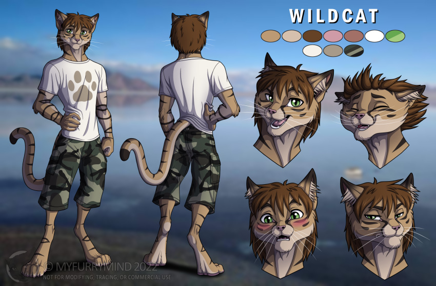anthro biped blush bottomwear camo camo_bottomwear camo_clothing camo_print camo_shorts clothed clothing color_swatch countershade_face countershade_fur countershade_neck countershade_tail countershading digitigrade dipstick_tail eyes_closed felid feline felis fur green_eyes hi_res inner_ear_fluff male mammal markings model_sheet myfurrymind open_mouth open_smile pattern_bottomwear pattern_clothing pattern_shorts short shorts smile solo tail tail_markings tuft whiskers wildcat wildcat_(mc_wildcat)