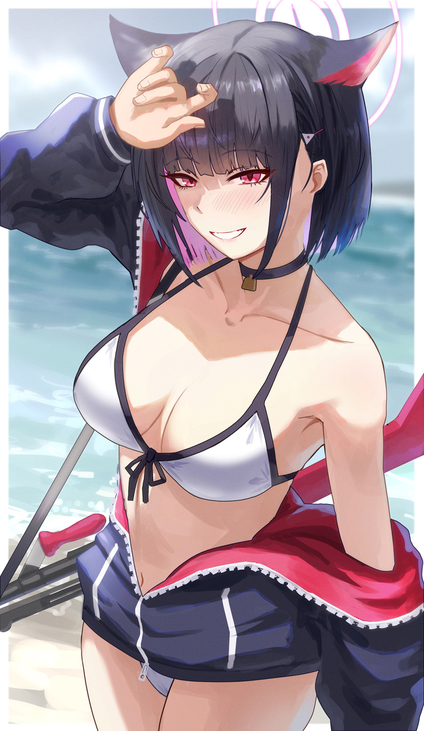 1girl animal_ears beach bikini bikini_under_clothes black_choker black_hair black_jacket blue_archive breasts bren_lmg cat_ears choker collarbone colored_inner_hair day extra_ears gino gun halo highres jacket kazusa_(blue_archive) large_breasts light_machine_gun looking_at_viewer multicolored_hair ocean outdoors pink_hair sand short_hair smile solo swimsuit two-tone_hair weapon white_bikini