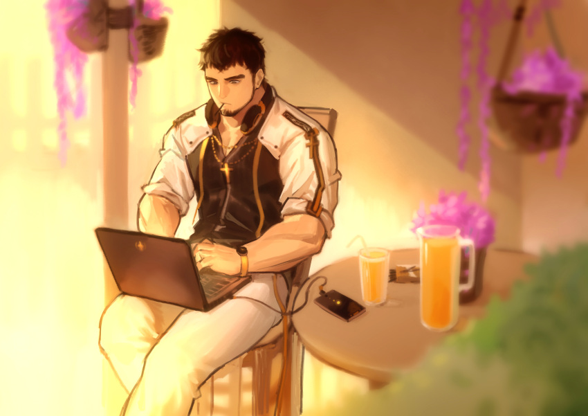 1boy absurdres baimeme bara beard black_hair computer dungeon_and_fighter facial_hair feet_out_of_frame flower highres indoors laptop looking_down male_focus male_priest_(dungeon_and_fighter) mature_male muscular muscular_male orange_juice pectorals pink_flower short_hair sitting sleeves_rolled_up solo sunlight thick_eyebrows typing