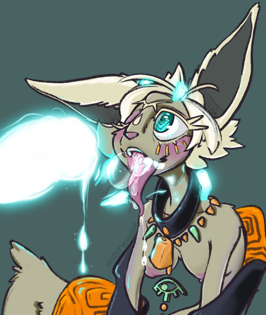 anthro big_ears blue-eyes bodily_fluids breasts clothed clothing cum cum_in_mouth cum_inside drooling duo female fur genital_fluids genitals glowing glowing_genitalia glowing_penis grey_body grey_fur hair hi_res jewelry long_ears male male/female mineru necklace nipples partially_clothed penis saliva thirstycharm tongue tongue_out white_hair zonai