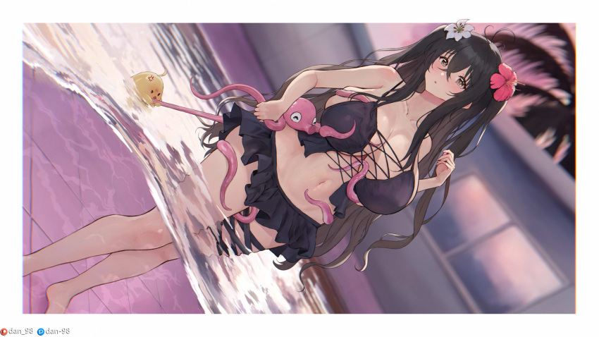 1girl anger_vein azur_lane bikini bikini_skirt black_bikini black_hair breasts brown_eyes cleavage cross-laced_bikini cross-laced_clothes dan-98 dutch_angle flower fubuki_(senran_kagura) fubuki_(sunset_witch)_(senran_kagura) hair_flower hair_ornament highres huge_breasts long_hair looking_at_viewer navel octopus parted_lips senran_kagura solo swimsuit two_side_up wading