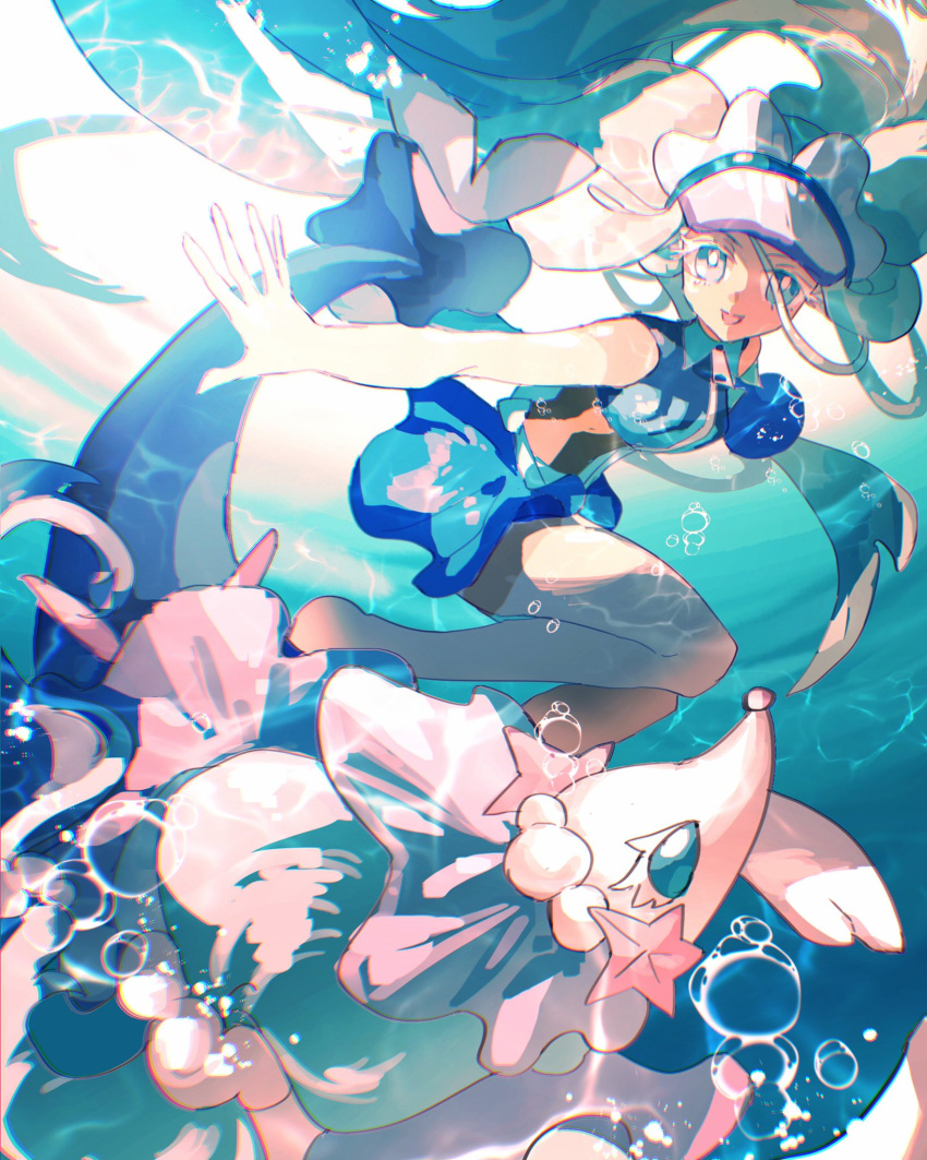 1girl :d air_bubble bikini bikini_skirt blue_bikini bright_pupils bubble chromatic_aberration colored_eyelashes eyes_visible_through_hair gem hatsune_miku highres long_hair looking_at_viewer open_mouth pearl_(gemstone) pokemon pokemon_(creature) primarina project_voltage sea_lion smile solo starfish swimsuit tan tanlines tropicalnight29 twintails underwater very_long_hair visor_cap vocaloid water_miku_(project_voltage) white_hair white_headwear white_pupils zipper_pull_tab