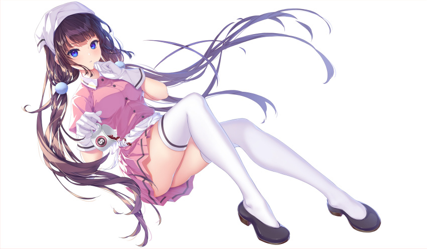 1girl back_bow black_footwear blend_s blue_eyes blush bow breasts brown_hair collared_shirt commentary_request commission cuts dress_shirt floating_hair full_body gloves hair_ornament highres injury kurenaiz large_breasts long_hair looking_at_viewer low_twintails parted_lips pink_shirt pink_skirt pixiv_commission pleated_skirt pom_pom_(clothes) pom_pom_hair_ornament sakuranomiya_maika shadow shirt sidelocks simple_background skirt solo spilling stile_uniform thighhighs thighs twintails variant_set very_long_hair white_background white_bow white_gloves white_thighhighs
