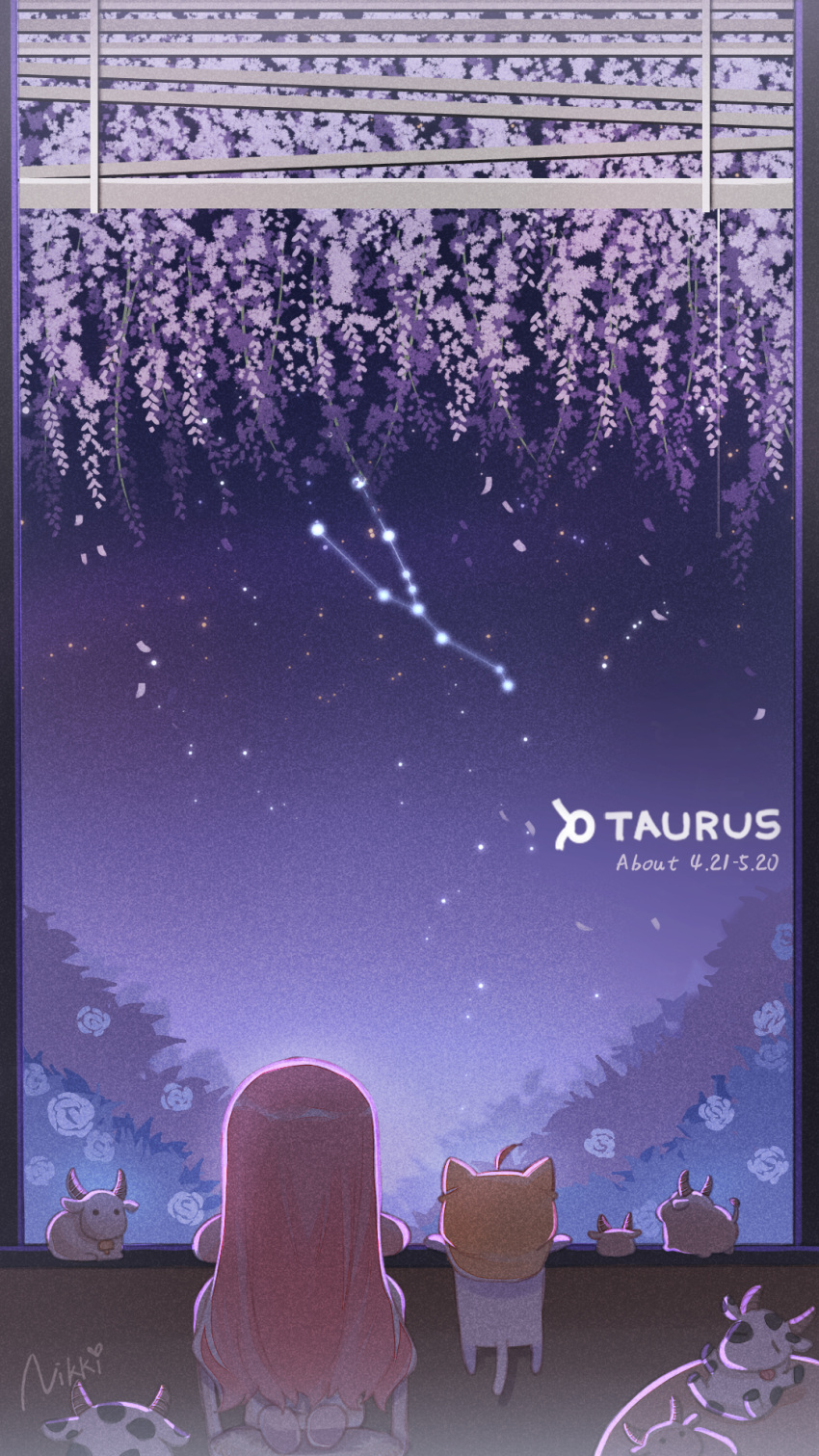 1girl bell bush constellation copyright_name cow dated dated_commentary dress english_commentary english_text falling_petals flower from_behind highres kneeling leaf looking_up miracle_nikki momo_(miracle_nikki) night night_sky nikki_(miracle_nikki) official_art on_chair petals pink_hair shining_nikki sky star_(sky) starry_sky taurus_(constellation) taurus_(zodiac) tree white_dress white_footwear