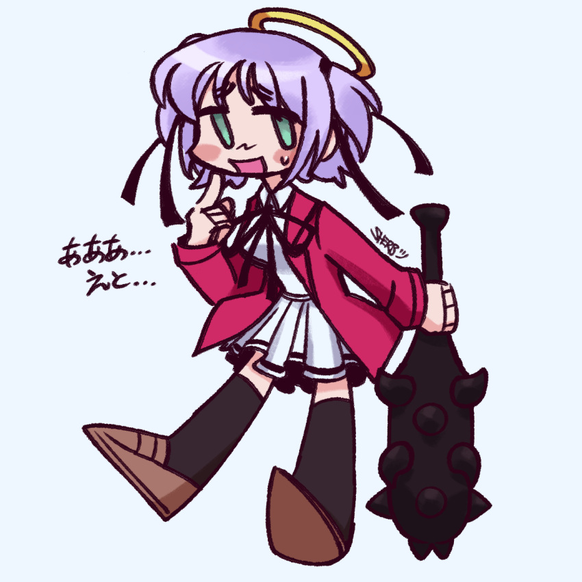 angel blush bokusatsu_tenshi_dokuro-chan green_eyes halo highres holding holding_weapon jacket mitsukai_dokuro open_clothes open_jacket purple_hair red_jacket ribbon sherbovania simple_watermark smile watermark weapon