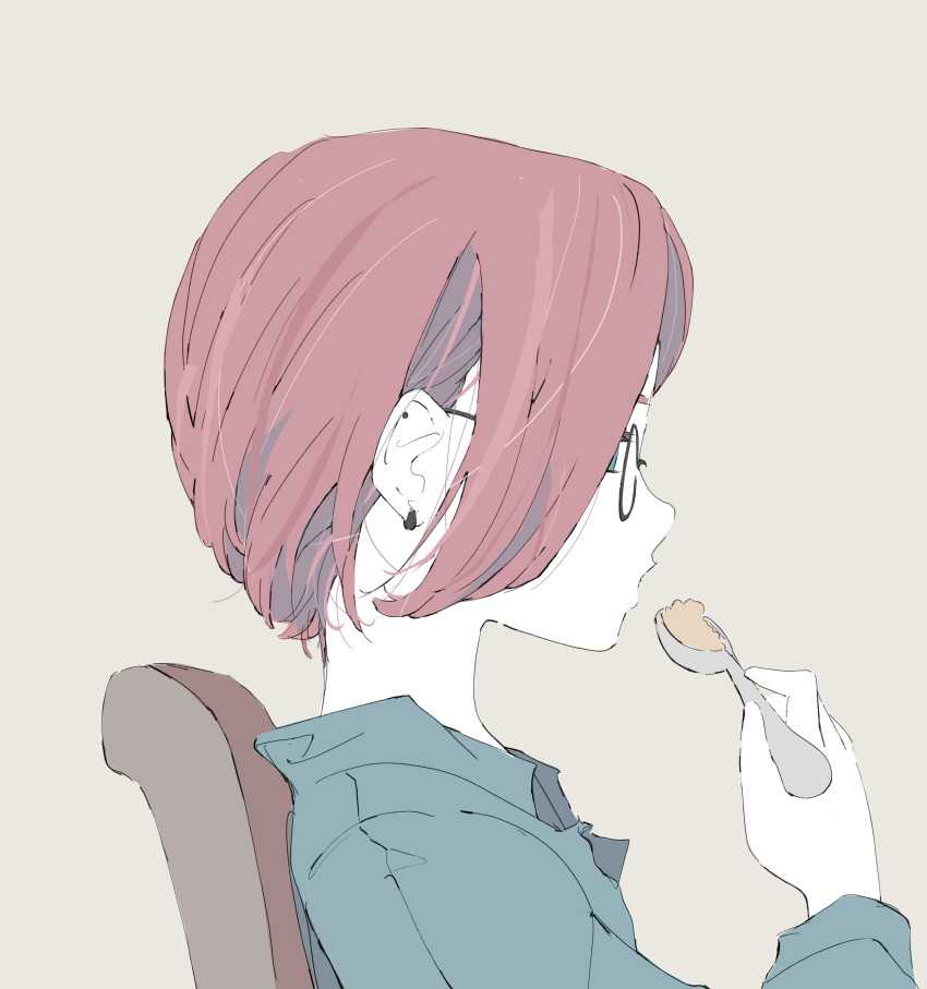 1girl absurdres black-framed_eyewear blue_eyes blue_shirt chair collared_shirt eating from_side glasses highres holding holding_spoon looking_ahead no_pupils nocopyrightgirl original pale_skin parted_bangs portrait profile red_hair shirt short_hair sidelocks sitting solo spoon