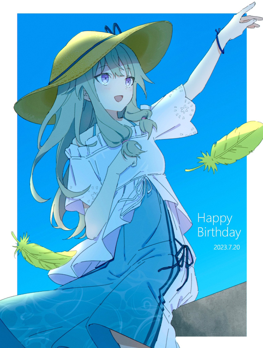 1girl arm_up border bracelet commentary_request dated dress feathers green_feathers green_hair happy_birthday hat highres jewelry kanaria_wa_kyuukyou_ni_utau_(project_sekai) kusanagi_nene long_hair low_tied_sidelocks n_ps_7 official_alternate_costume open_mouth outside_border project_sekai purple_eyes shorts solo sun_hat white_border