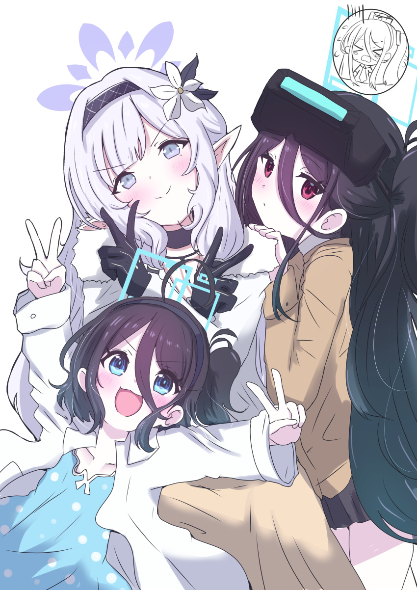 &lt;key&gt;_(blue_archive) 3girls :3 absurdres accelerator_(toaru_majutsu_no_index) accelerator_(toaru_majutsu_no_index)_(cosplay) aris_(blue_archive) black_choker black_gloves black_hair black_skirt blue_archive blue_dress blue_eyes blue_halo blush brown_jacket choker closed_mouth collarbone cosplay double_v dress fur-trimmed_jacket fur_trim giorgio_(yo_sumire_sola1) gloves grey_eyes halo hand_on_another's_shoulder head-mounted_display highres himari_(blue_archive) jacket last_order_(toaru_majutsu_no_index) last_order_(toaru_majutsu_no_index)_(cosplay) long_hair long_sleeves looking_at_viewer miniskirt misaka_imouto misaka_imouto_(cosplay) multiple_girls open_clothes open_mouth open_shirt pleated_skirt pointy_ears polka_dot polka_dot_dress red_eyes school_uniform shirt skirt smile toaru_kagaku_no_railgun toaru_majutsu_no_index tokiwadai_school_uniform upper_body v v-shaped_eyebrows very_long_hair white_background white_hair white_jacket white_shirt