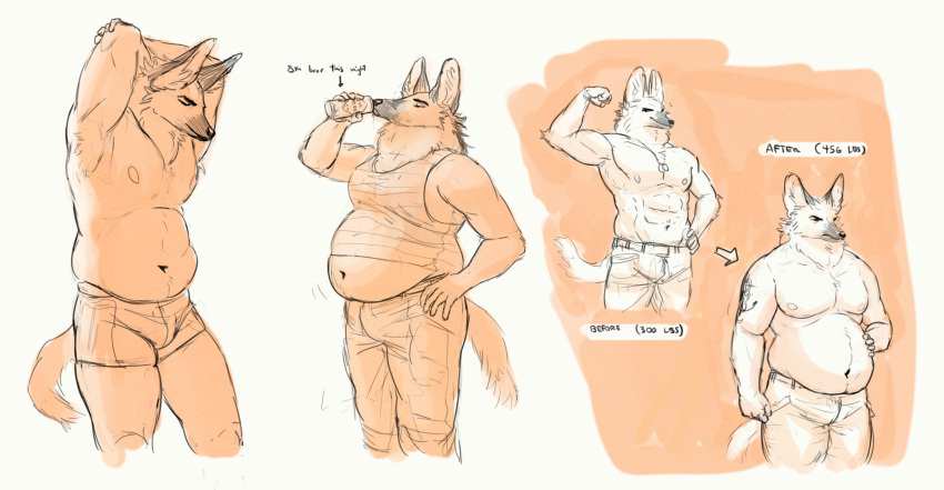 2020 alcohol anthro beer before_and_after belly beverage beverage_can big_belly bottomwear briefs briefs_only canid canine canis cettus clothed clothing drinking english_text flexing flexing_bicep hand_on_hip hand_on_stomach hi_res holding_beverage holding_object male mammal maned_wolf musclegut muscular overweight overweight_anthro overweight_male pants pecs pose shirt slightly_chubby slightly_chubby_anthro slightly_chubby_male solo standing tank_top tattoo text topless topwear underwear underwear_only weight_gain wolf