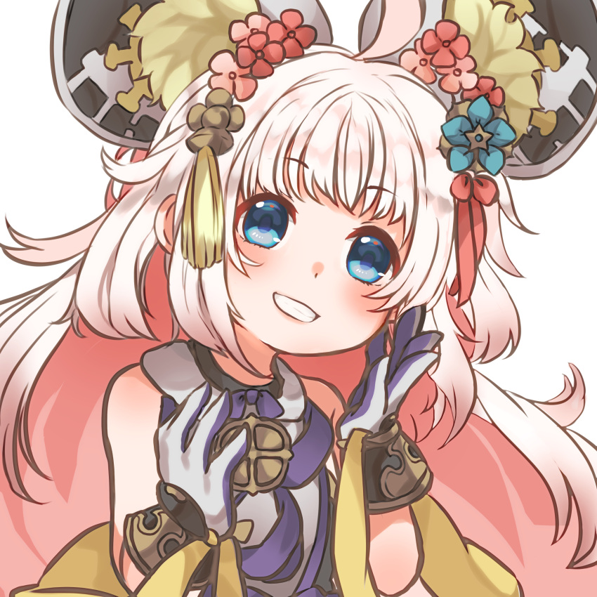 1girl ahoge animal_ears bare_shoulders blue_eyes dragalia_lost flower gloves hair_flower hair_ornament hair_ribbon highres long_hair looking_at_viewer mitsuhide_(dragalia_lost) mouse_ears po_pooch purple_gloves red_ribbon ribbon smile solo teeth two-tone_gloves upper_body very_long_hair white_background white_gloves white_hair