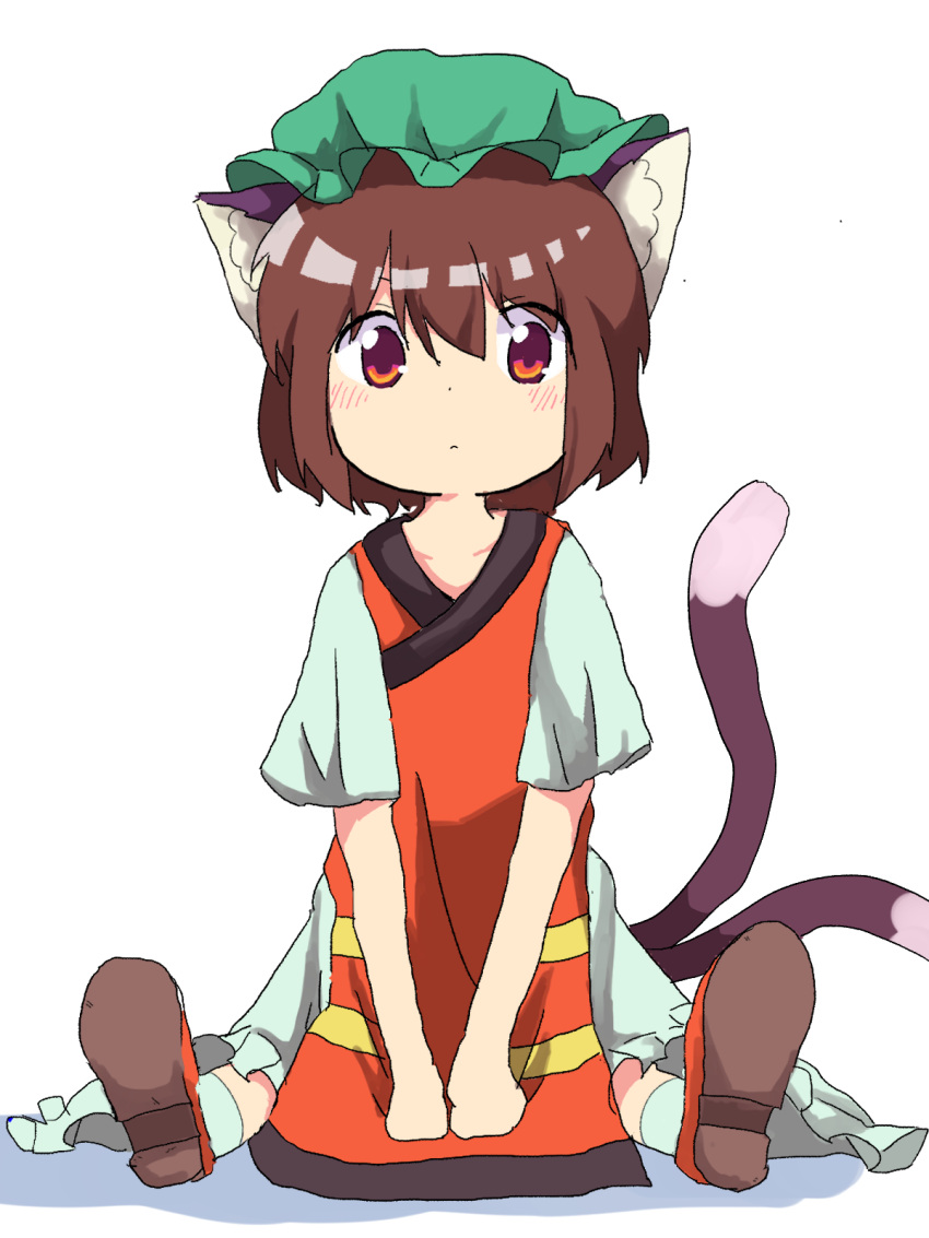 1girl animal_ear_fluff animal_ears brown_eyes brown_hair cat_ears cat_tail chen commentary_request dress expressionless eyebrows_hidden_by_hair foreshortening frills full_body green_headwear hair_between_eyes hat highres light_blush looking_at_viewer mi_do_rr mob_cap multiple_tails nekomata no_earrings red_dress red_footwear short_hair short_sleeves simple_background sitting solo tail touhou two_tails v_arms white_background white_dress