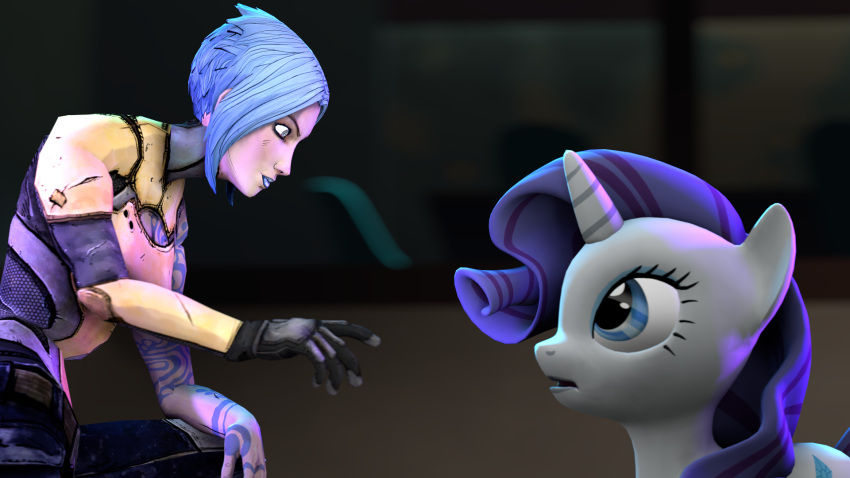 16:9 3d_(artwork) anthro biped black_clothing blue_eyes blue_hair blue_lips blue_tail borderlands breasts clothing cutie_mark digital_media_(artwork) duo equid equine eyelashes female feral ferexes friendship_is_magic fur gloves hair handwear hasbro hi_res horn horse human lips mammal maya_(borderlands) my_little_pony pink_clothing pony purple_clothing quadruped rarity_(mlp) tail topwear unicorn white_body white_ears white_fur white_horn widescreen