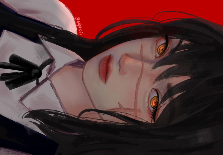 1girl artist_name black_hair black_ribbon chainsaw_man collared_shirt cross_scar dress expressionless eyeliner fourth_east_high_school_uniform highres long_hair looking_at_viewer makeup mitaka_asa pinafore_dress portrait red_background red_lips ribbon ringed_eyes scar scar_on_cheek scar_on_face school_uniform shirt silphori simple_background sleeveless sleeveless_dress solo white_shirt yellow_eyes yoru_(chainsaw_man)