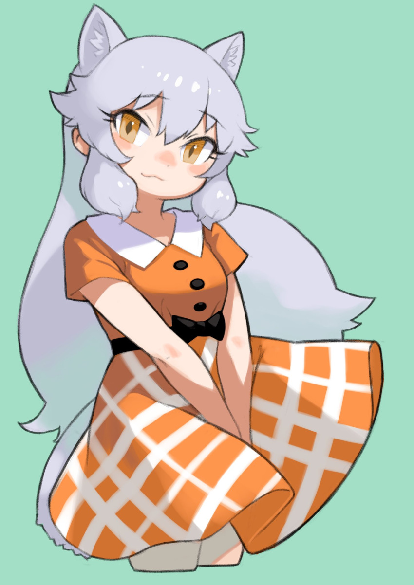 1girl animal_ears arctic_fox_(kemono_friends) belt black_belt black_bow blush bow collared_dress dress extra_ears fox_ears fox_girl fox_tail hair_between_eyes highres kemono_friends kemono_friends_3 long_hair looking_at_viewer official_alternate_costume orange_dress orange_eyes plaid plaid_dress rinx short_sleeves sidelocks solo tail white_hair