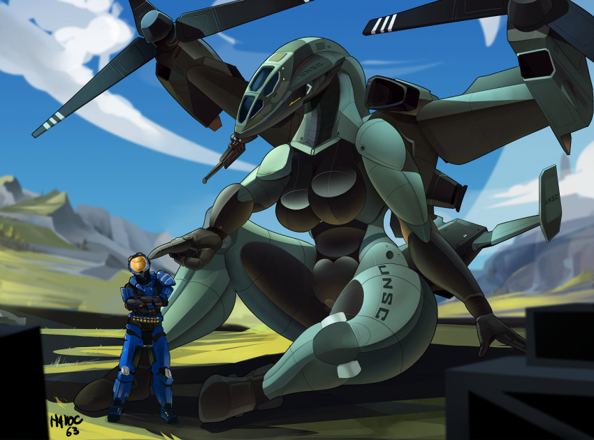 aircraft annoyed anthro armor blue_armor breasts cloud cockpit crossed_arms duo eyeless faceless_character female field grass green_body gun halo_(series) havoc63 helicopter human living_aircraft living_machine living_vehicle machine male male/female mammal microsoft mouthless plant poking ranged_weapon sitting sky spartan_(halo) unsc vehicle weapon wholesome xbox_game_studios