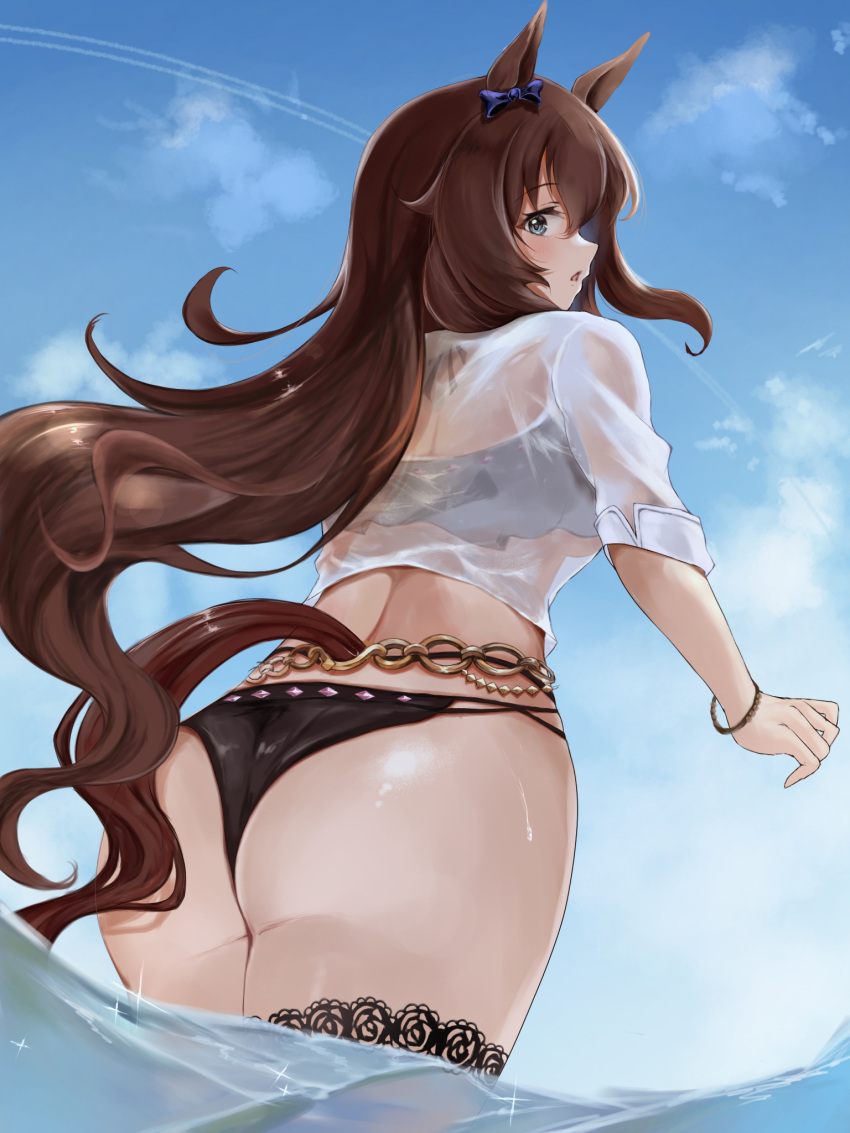 1girl animal_ears ass bikini black_bikini blue_eyes blue_sky bow bracelet brown_hair commentary_request cowboy_shot ear_bow from_behind highres horse_ears horse_girl horse_tail jewelry long_hair looking_at_viewer looking_back maruzensky_(blasting_off_summer_night)_(umamusume) maruzensky_(umamusume) ocean official_alternate_costume official_alternate_hairstyle outdoors parted_lips partially_submerged purple_bow see-through shirt sky solo swimsuit tail thigh_strap umainu_2002 umamusume umamusume_summer_story_(umamusume) very_long_hair water wet white_shirt