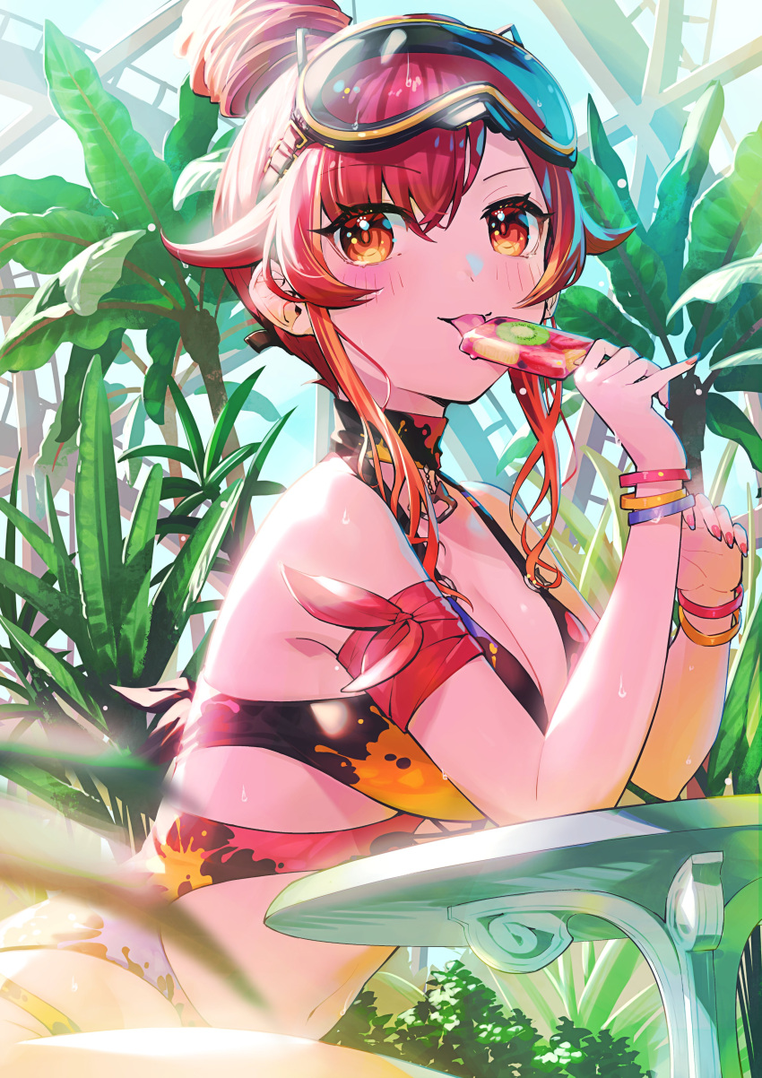 1girl absurdres alternate_costume blush breasts cleavage elbows_on_table food goggles hair_bun highres large_breasts licking looking_at_viewer multicolored_hair nail_polish navel nekota_tsuna nemoto_yuuma orange_eyes paint_splatter pink_nails plant popsicle red_hair sitting smile solo swimsuit tongue tongue_out virtual_youtuber vspo!