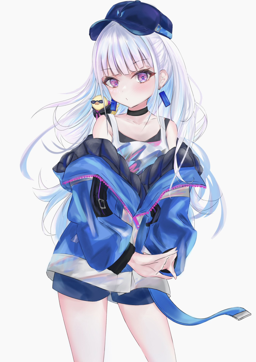 1girl animal_on_shoulder bare_shoulders baseball_cap bird bird_on_shoulder black_choker blue_hair blue_jacket blush choker hat highres hood hoodie jacket lize_helesta lize_helesta_(9th_costume) long_hair long_sleeves looking_at_viewer ma_sha_ma multicolored_hair nijisanji off_shoulder open_clothes open_jacket purple_eyes sebastian_piyodore shirt shoes simple_background sleeveless sleeveless_shirt sleeves_past_wrists sneakers socks solo standing stretching two_side_up virtual_youtuber white_background white_hair white_shirt