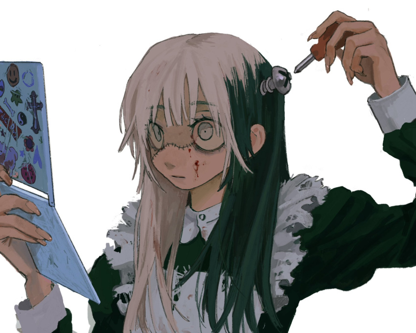 1girl blonde_hair blood blood_in_hair blood_on_face end80236189 eyelashes frills green_hair highres holding holding_screwdriver multicolored_hair object_through_head original screw screw_in_head screwdriver stitched_face stitches two-tone_hair upper_body white_background