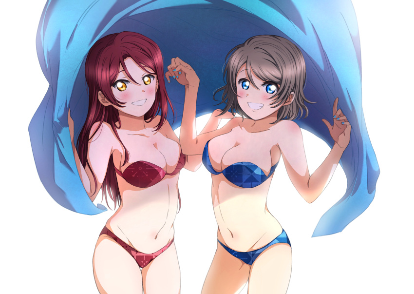 2girls absurdres blue_bra blue_eyes blue_nails blue_panties blush bra breasts cleavage collarbone green_hair highres long_hair looking_at_viewer love_live! love_live!_sunshine!! medium_breasts multiple_girls navel panties red_bra red_hair red_panties sakurauchi_riko short_hair sidelocks smile strapless strapless_bra underwear watanabe_you white_background yellow_eyes yuchi_(salmon-1000)