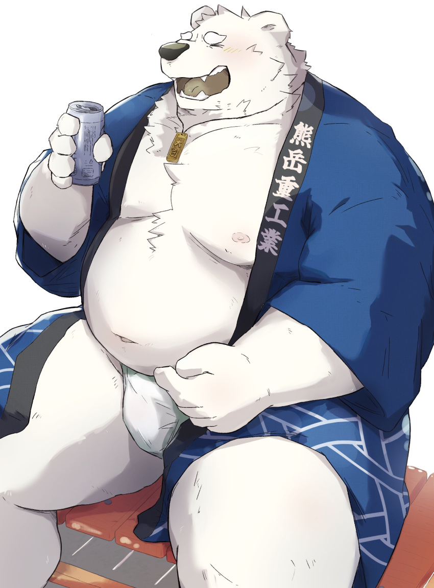 2023 absurd_res anthro asian_clothing bear belly big_belly black_nose blush bulge clothing east_asian_clothing fundoshi happi_(clothing) hi_res humanoid_hands japanese_clothing kemono male mammal moobs navel nipples noctnoc overweight overweight_male polar_bear sitting solo underwear ursine white_body white_clothing white_fundoshi white_underwear